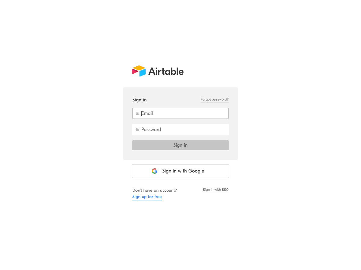 Airtable Login page imageStep 5: Select the Table to Sync
In Airtable, you will have to sync the Inventory Locations to Variant Table. Each Variant is synced into an individual Inventory Location column. This needs to be done using AirPower. Go to the “Apps” section and then click on the “Data Mapping” tab. Expand the inventory section and select “Variants” under the “Table to Sync to/from” drop-down menu as shown in the image below. AirPower immediately understands that you are trying to store variants and inventory on the same table and accordingly adjusts the interface for you.
